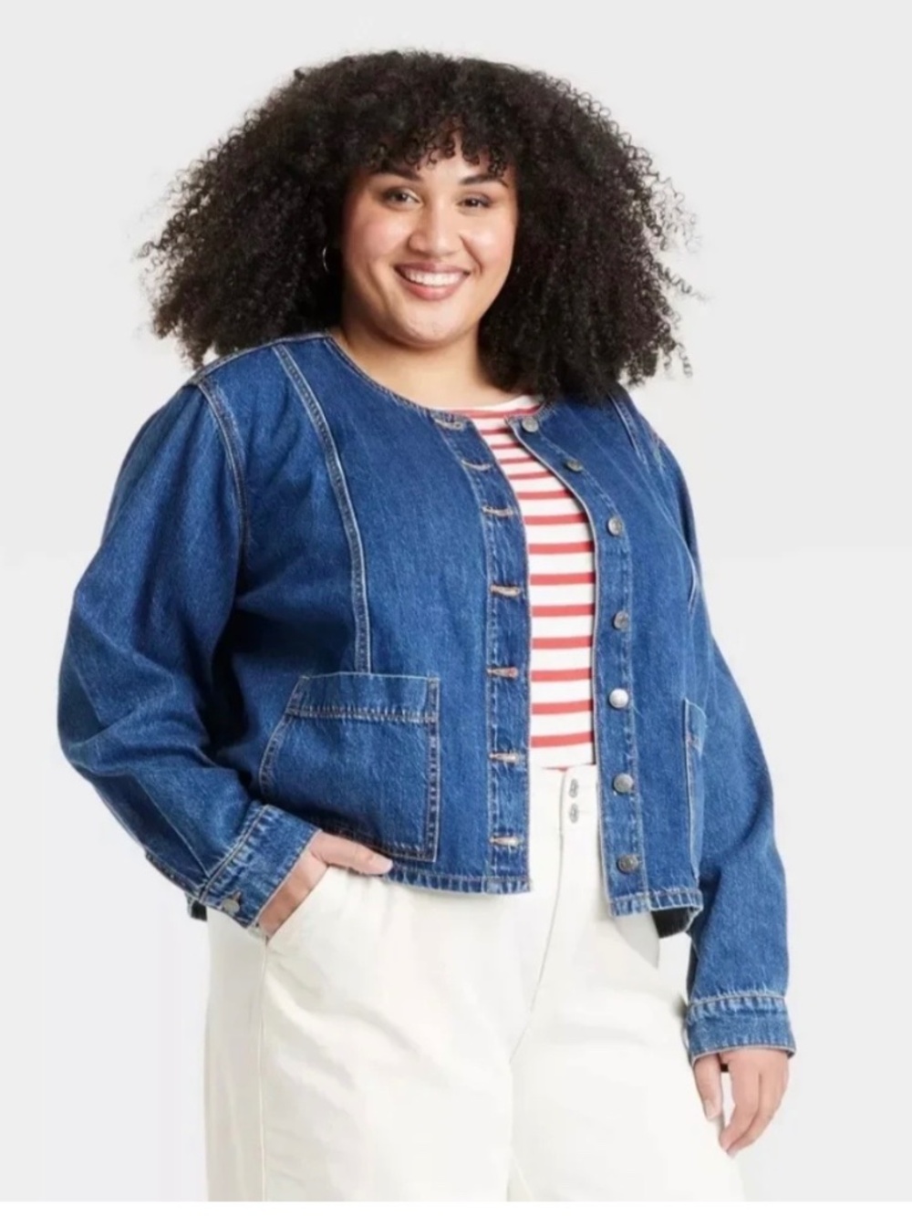 ⁠Ava & Viv Collarless Denim Jean Jacket Medium Wash Button Down 3X NWT⁠